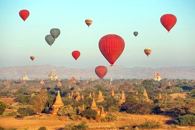 hot-air balloon over Bagan shore excursions
