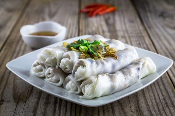 Banh cuon rice rolls with pork and mushrooms