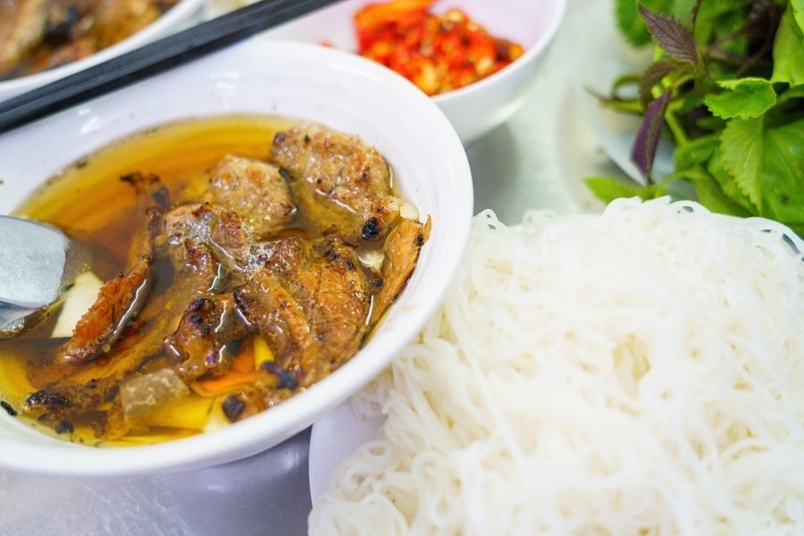 Bun cha served on Vietnam cruise excursions