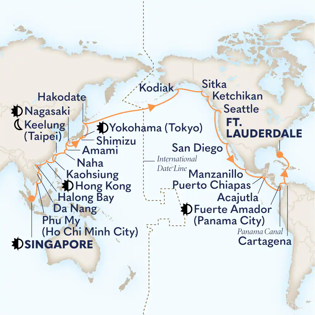 HAL Volendam shore excursions itinerary Mar 24 - May 17 2026