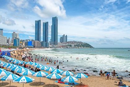 Haeundae Beach coastline with city skyline