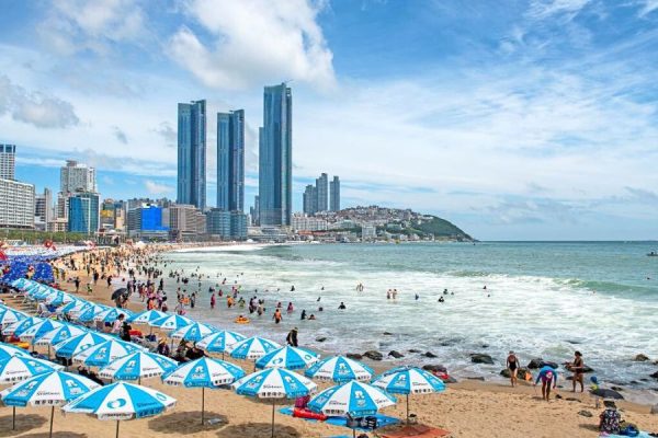 Haeundae Beach coastline with city skyline
