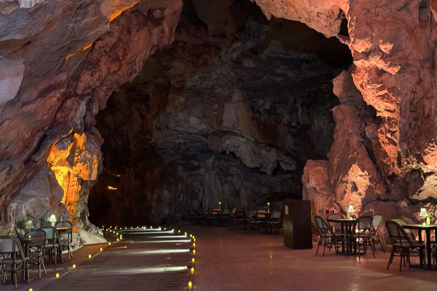Interior limestone formations inside Dragon Pearl Cave near Ha Long Bay