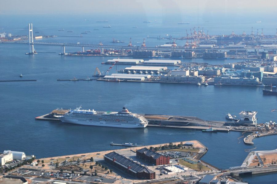 Aerial view of Yokohama Cruise Port and surrounding harbor