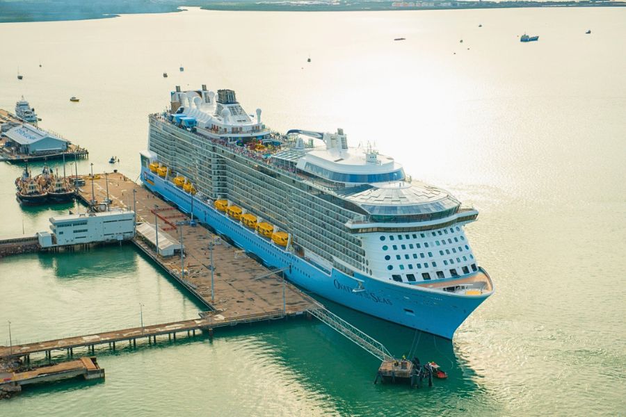 Aerial view of a cruise ship berthed at Fort Hill Wharf in Darwin