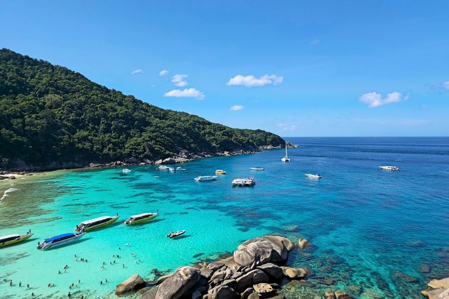 Boats in the Similan Islands lagoon