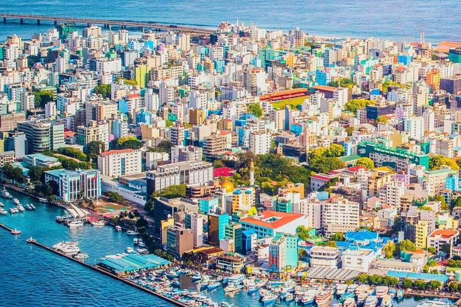 Colourful buildings along the waterfront in central Malé