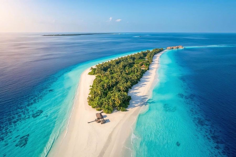 Maldives sandbank and coral lagoon seen from above