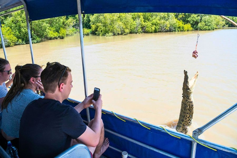 Passengers photographing a crocodile on the Adelaide River cruise