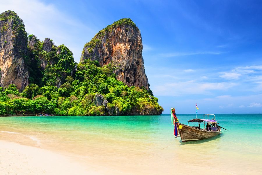 Phi Phi Island beach and longtail boat