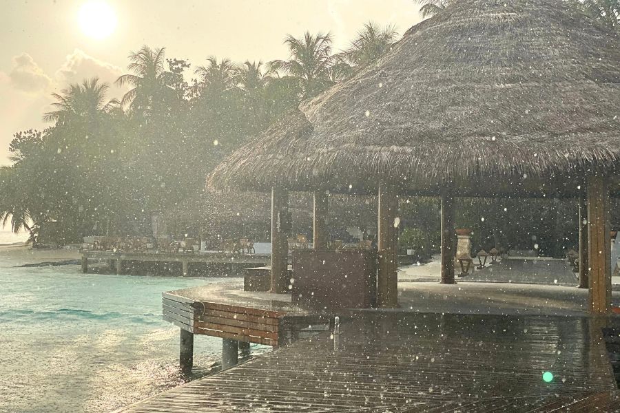 Rain falling over a Maldives resort during the southwest monsoon