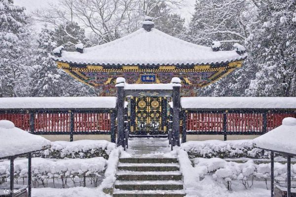Zuihoden Mausoleum covered in snow in Sendai