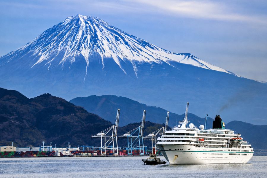 Cruise ship with Mount Fuji