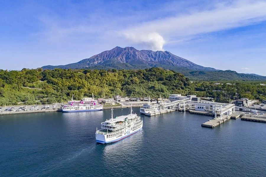 Sakurajima ferry with volcano view
